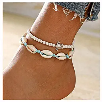 Aluinn Boho Turtle Layered Shell Anklet Set Silver Ankle Bracelets Beaded Foot Chain Beach Foot Jewelry Accessories for Women and Teen Girls