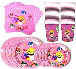 Nami Products SHARK PARTY Supplies Pink Birthday Baby Party Dessert Set 16 Large Plates, 16 Small Plates, 16 Cups, 16 Napkins Party Kit for Kids Birthday Shark Theme Baby Shower (16 Guests)