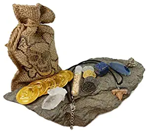 Pirate Treasure Pouch Set 17 Pcs Collection - 10 Assorted Pirate Coins, Shark Tooth Necklace, Pyrite Stone, Gold Flake Filled Vial, Blue Agate Slice, Crystal Quartz Point, Tumbled Lapis with COA
