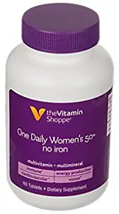 The Vitamin Shoppe One Daily Women's 50+ Multivitamin with No Iron, Multimineral Supplement, Supports Energy Production, Supports Cardiovascular, Vision and Immune Health (60 Tablets)