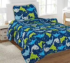 Goldenlinens Full Size 3 Pieces Printed Kids Bedspread/Coverlet Sets/Quilt Set (Full, SHARK BLUE)
