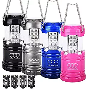 Gold Armour 4 Pack LED Lantern Camping Lanterns for Hiking, Emergency, Hurricanes, Outages, Storms - Camping Gear Accessories Equipment with 12 AA Batteries