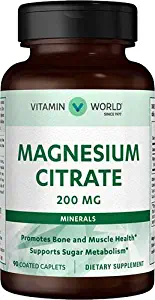 Vitamin World Magnesium Citrate 200 mg. 90 Caplets, Promotes Bone and Muscle Health