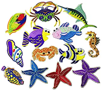 13 Pcs Shark Dolphin Whale Fish Sea Animals Embroidered Patches for Clothing Iron on Clothes Jeans Kids Appliques Badge Stripe Sticker