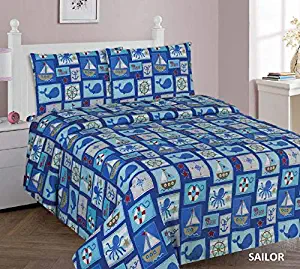 Sapphire Home 3 Piece Kids Boys Twin Sheet Set w/Fitted, Flat & 1 Pillow Case, Fun Print, Sailor Boat Sea Animals Whales Shark Print, Blue Color, Sailor Twin Sheet