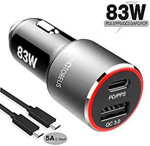 83W USB C Car Charger,WOTOBEUS Dual Type C Fast Car Phone Laptop Charger Adapter PD PPS 65W 45W 25W QC3.0 18W AFC with 5A USB C to C Cable Cord for iPhone SE 11/iPad/MacBook Pro/ThinkPad/S20/Note10