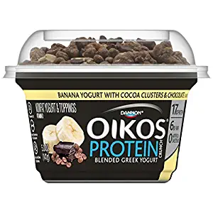 Oikos Protein Crunch Greek Nonfat Yogurt with Toppings, Banana Yogurt with Cocoa Clusters and Chocolate Chunks, 5 oz.