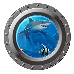 Boodecal Unsersea Series Porthole Fake Window Removable Wall Decals Swimming Shark Art Sea Fish Waterproof Wall Stickers for Childrens Playroom Nursery Bathroom 18*18 Inches
