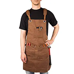 Waxed Canvas Heavy Duty Work Apron With Pockets - Deluxe Edition with Quick Release Buckle Adjustable up to XXL for Men and Women - Texas Canvas Wares (Brown Deluxe Edition)