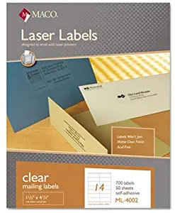 MACO Laser/Ink Jet Matte Clear Address Labels, 1-1/3 x 4-1/4 Inches, 14 Per Sheet, 700 Per Box (ML-4002)