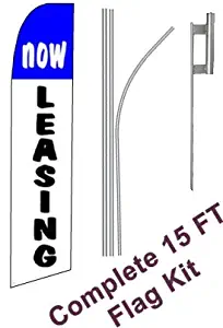 NEOPlex - "Now Leasing" Complete Flag Kit - Includes 12' Swooper Feather Business Flag With 15-foot Anodized Aluminum Flagpole AND Ground Spike