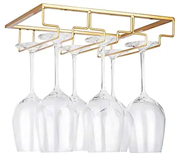 Wine Glass Rack - Under Cabinet Stemware Wine Glass Holder Glasses Storage Hanger Metal Organizer for Bar Kitchen Gold