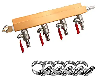 PERA Air Distributor Beer Gas Manifold CO2 Manifold Splitter 5/16" Barb Fitting with 5 pcs Worm Clamps Home Brewing Kegging Tools